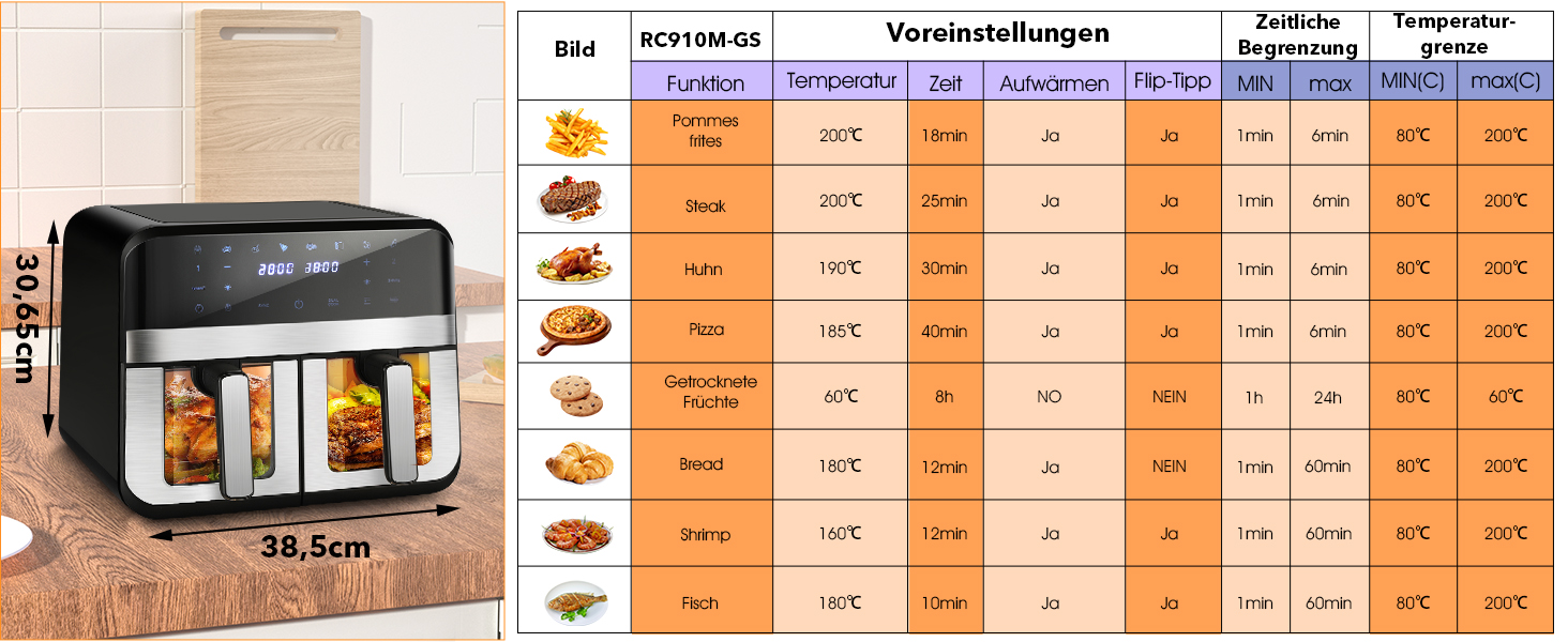 Фритюрниця повітряна 9L з цифровим LED-дисплеєм та сенсорним екраном, 10-в-1, без олії, здорове приготування їжі