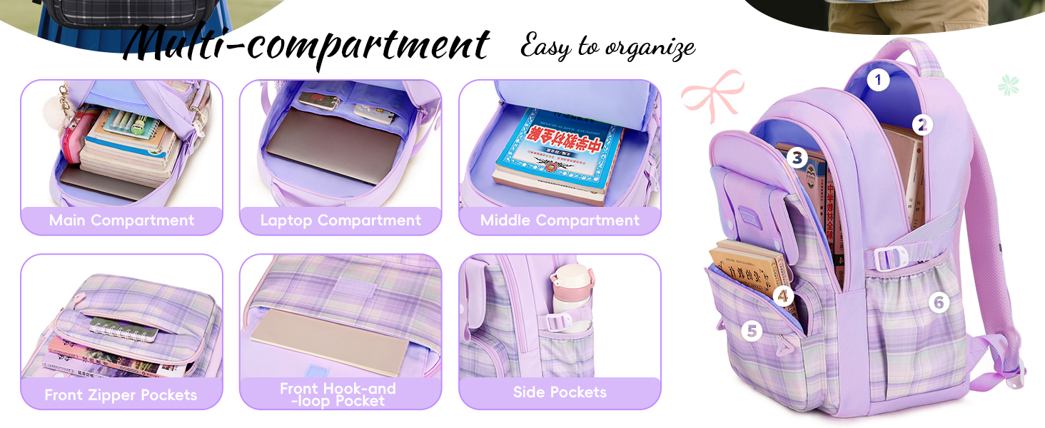 Шкільний рюкзак Tanou для дівчаток-підлітків, великий набір з сумкою через плече, в клітинку, 26L, блакитний