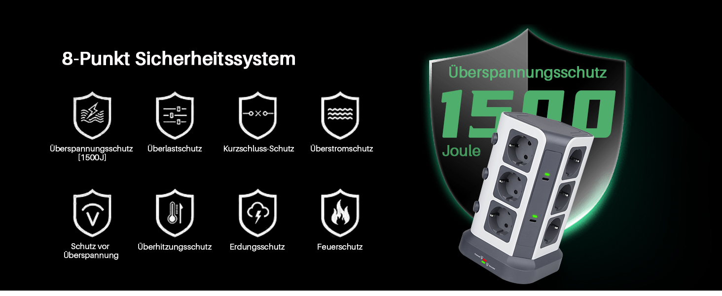 Блок розеток KOOSLA з USB-C, 12 розеток, 3680W/16A, захист від перенапруги 1500J, індивідуальне вмикання, 5м кабель, сірий