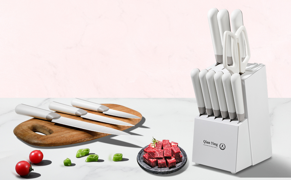 Набір кухонних ножів Qianying з блоком: 14 предметів, нержавіюча сталь, з точилкою, срібний колір, подарунок для мами