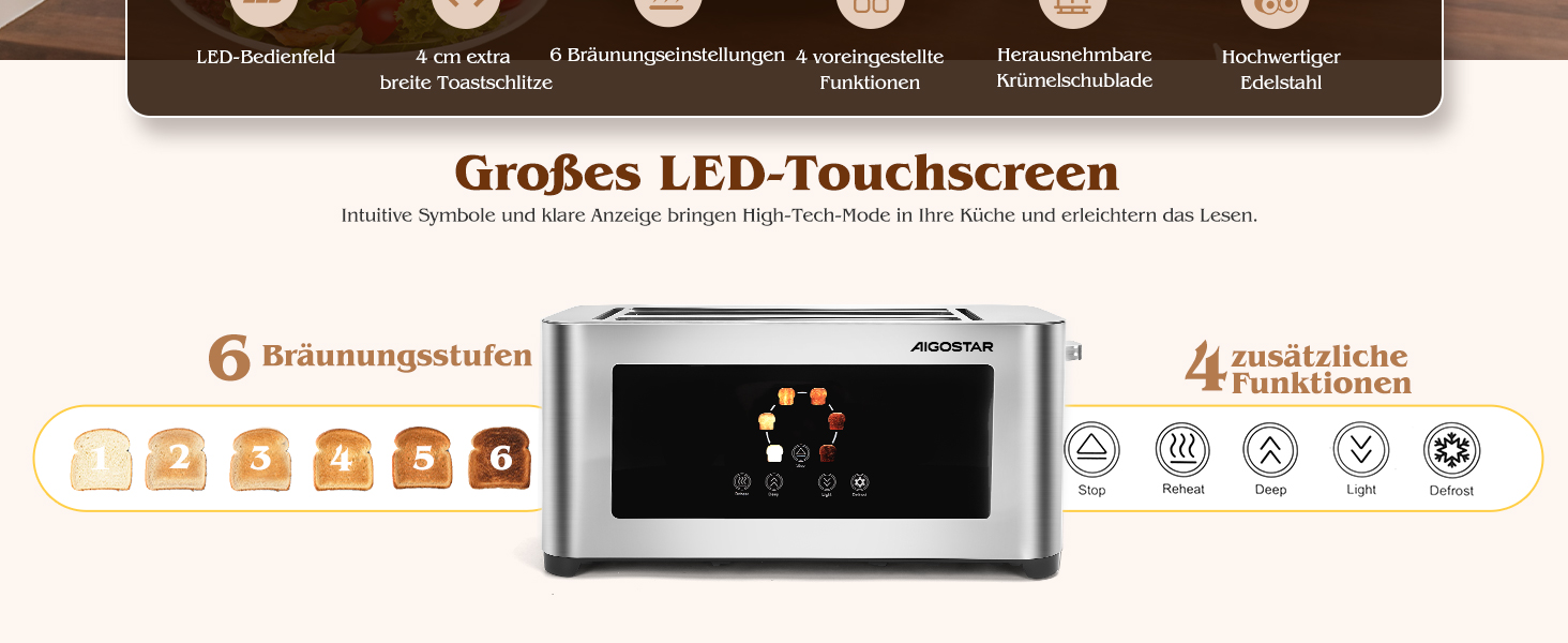 Тостер Aigostar 4-х секційний з LED-сенсорним екраном, нержавіюча сталь, 1400W