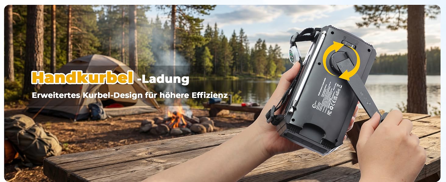 Радіоприймач Esky Kurbelradio з сонячною батареєю, 10000mAh, AM/FM, USB-зарядка, LED-ліхтарик, SOS-сигнал, компас, для кемпінгу та надзвичайних ситуацій, жовтий