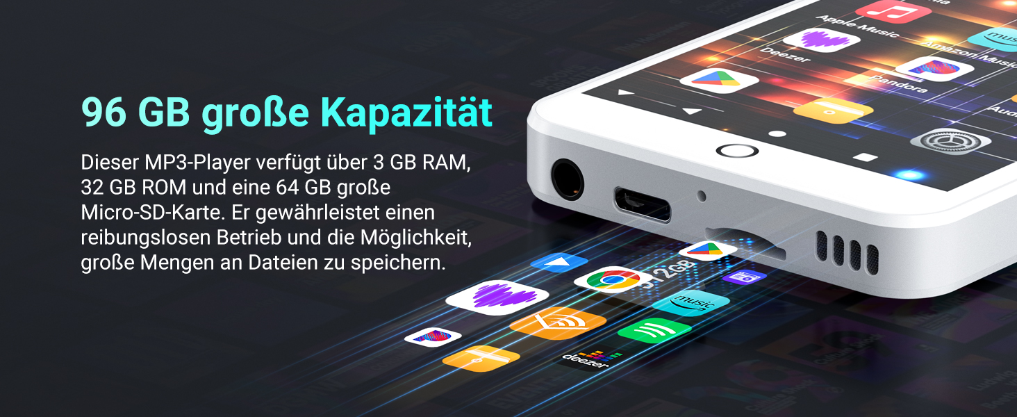 MP3 плеєр 96GB з Bluetooth, WiFi, Android 13, 4