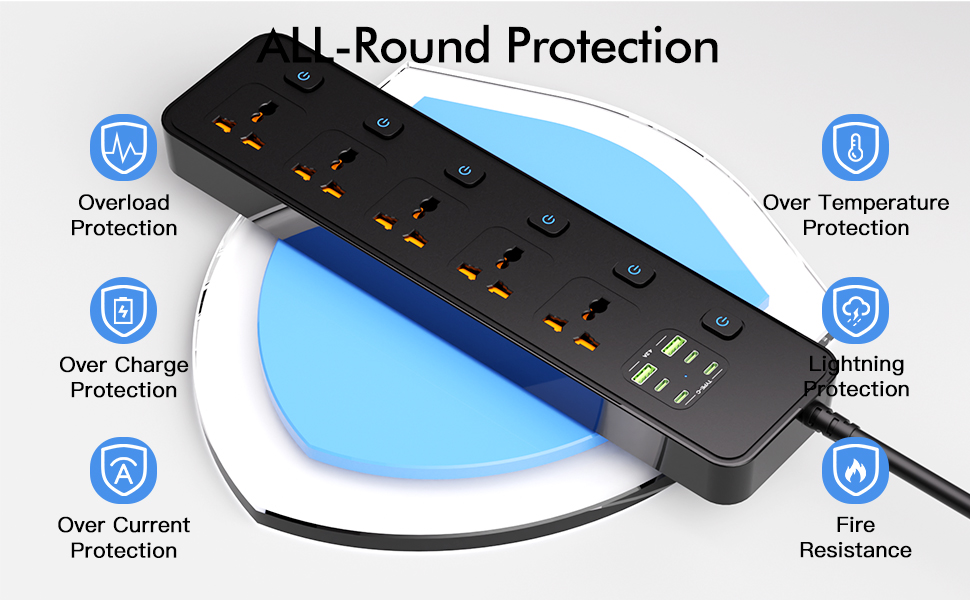 Мережевий фільтр Steckdose Universal з індивідуальними вимикачами, 5 розеток, 3250W, кабель 1.8м, 4 x USB-C 20W та 2 x USB-A, мережева стрічка
