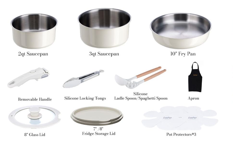 Набір посуду з нержавіючої сталі 14 предметів: сковорода 24 см, каструлі 18/20 см, знімні ручки, керамічне покриття, підходить для всіх плит, білий