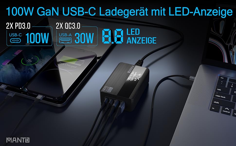 Зарядний пристрій MANTO 100W GaN USB-C з LED-дисплеєм, 4 порти (2x Type-C, 2x Type-A), PD 3.0, QC 3.0, для MacBook, iPhone, iPad, Samsung, ноутбуків
