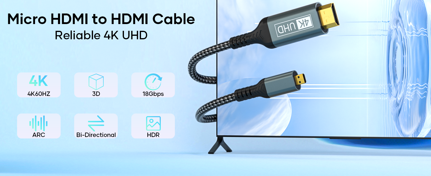 Кабель Micro HDMI - HDMI 2M, 4K@60Hz, підходить для Raspberry Pi, GoPro, камер, TV, моніторів, ноутбуків
