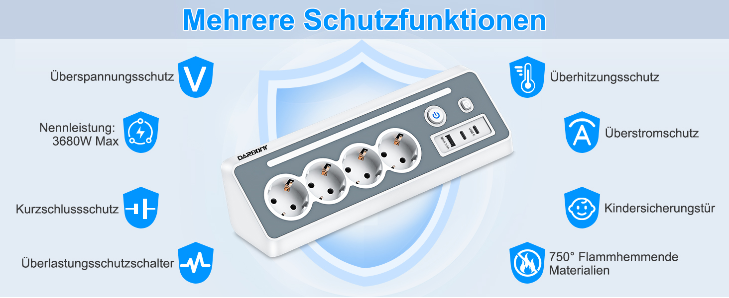 Мережевий фільтр з USB та 2 Type-C, 4 розетки, кутова розетка, мережева смуга з LED-підсвічуванням, захист від перенапруги 3680W 16A, 90° розгалужувач з вимикачем, кабель 1,5mm², білий для кухні/офісу