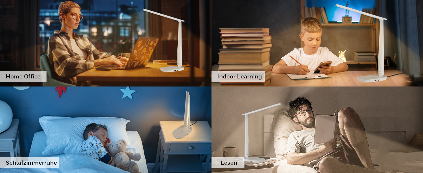 Лампа настільна Honeywell Sunturalux™ H2 LED з регулюванням яскравості, USB-зарядка, сенсорне керування, 4 кольори, захист очей, для дітей, спальні, читання, офісу