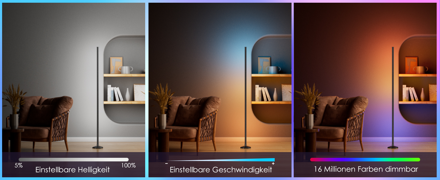 LED-підлогова лампа WISIMMALL з RGBIC підсвічуванням, 170 см, диммування, керування пультом/додаток, 16 млн кольорів, 300 режимів, музичний синхронізатор для вітальні, спальні, ігрової кімнати