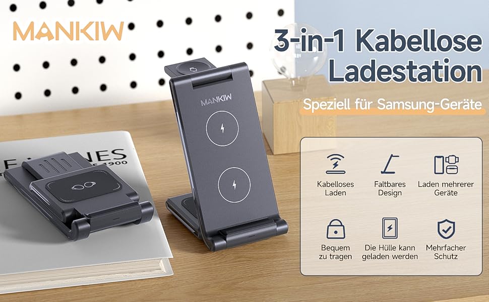 Бездротова зарядка MANKIW 3-в-1 для Samsung Galaxy: S25/S24/S23/S22/S21/S20, Z Fold 6/5/4/3, Watch 7/6/5/4/3/Active, Buds+/2/Pro/Live (Чорний)