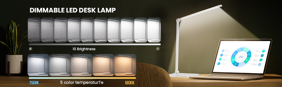 LED лампа настільна диммерна - 560LM, офісна лампа з 5 режимами кольору та 10 рівнями яскравості, з нічним світлом, USB-порт, функція пам'яті та таймер, 10W - білий сріблястий колір