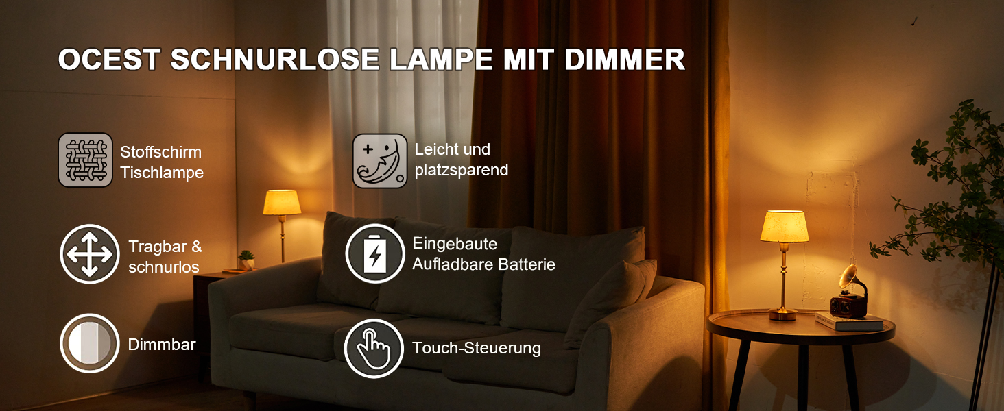 Настільна лампа OCEST на акумуляторі, сенсорне керування, регульована яскравість, для дому, кухні, тераси, їдальні (античне латунь-лінолеум), плафон з шовку 35,5 см