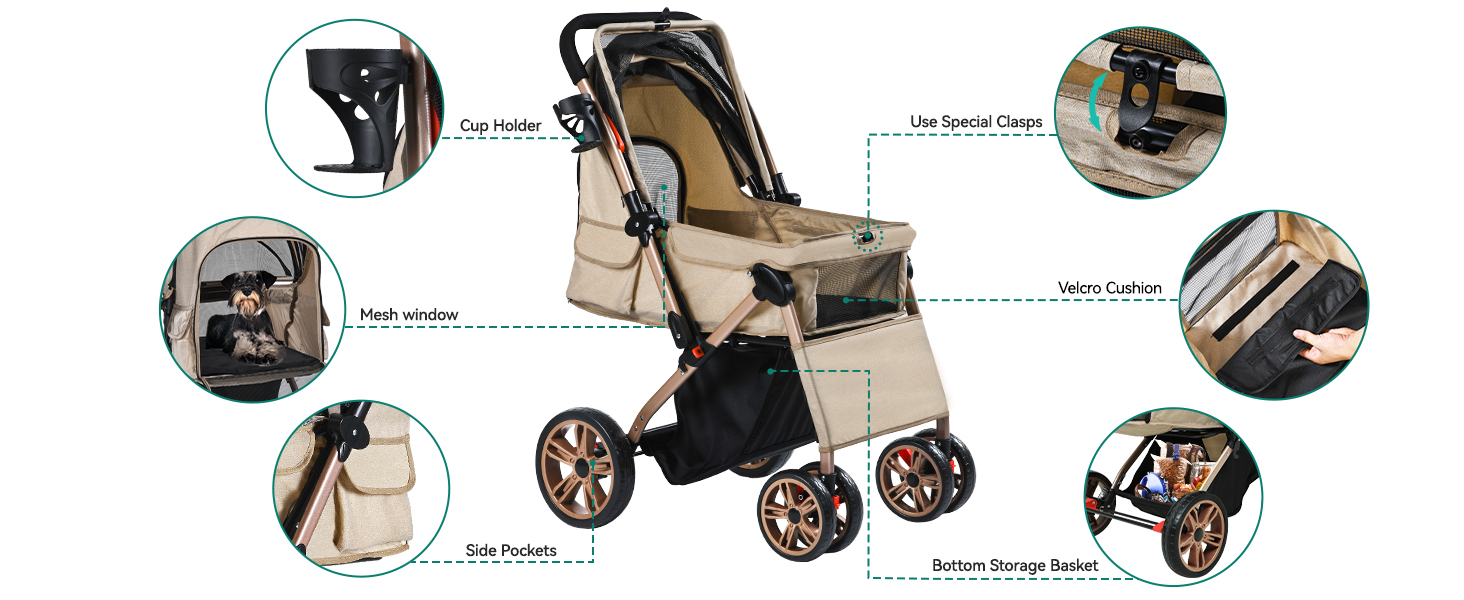 YITAHOME Buggy для собак та котів, складний, до 22 кг, з обертовим ручками, сітковими вікнами, тримачем для напоїв, EVA-колеса з гальмом (Бежевий)
