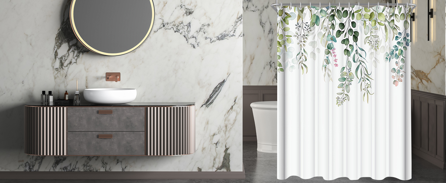 Штора для душу 200x200 см, зелені листя, антигрибкова, текстильна, водовідштовхувальна, пральна, поліестер, з кільцями (12 шт.) для ванної кімнати