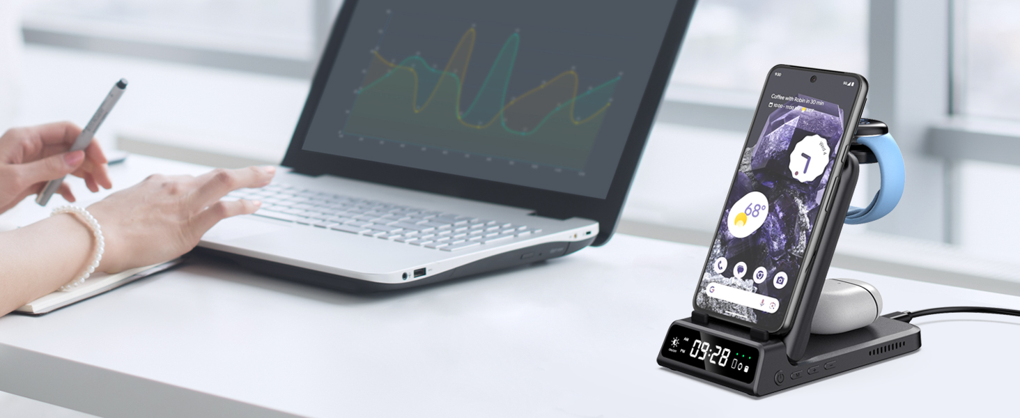 Бездротова зарядна станція 3-в-1 для Google Pixel Watch 3/2, Fitbit Versa 4/3, Sense 2/1, Samsung Galaxy S26 Ultra, iPhone 17 та Pixel Buds Pro 2 - SwanScout 703G2 (Чорний)