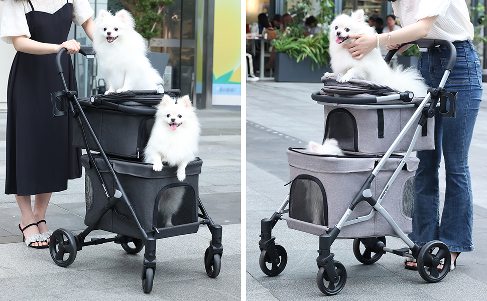 Beberoad Розкладний візок для собак, 2-поверховий візок для маленьких собак та котів, візок для домашніх тварин Beberoad, переноска для собак та котів, чорний, 2 поверхи