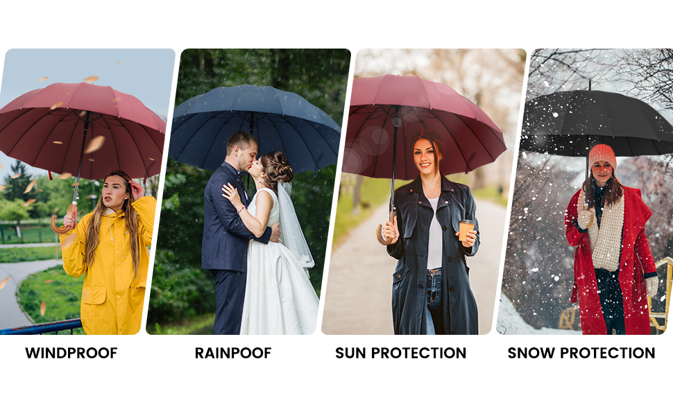 NINEMAX Large Windproof Umbrella - Wooden Handle Stick Umbrella for Men & Women - 16 Ribs Automatic Open - Double Layer Black