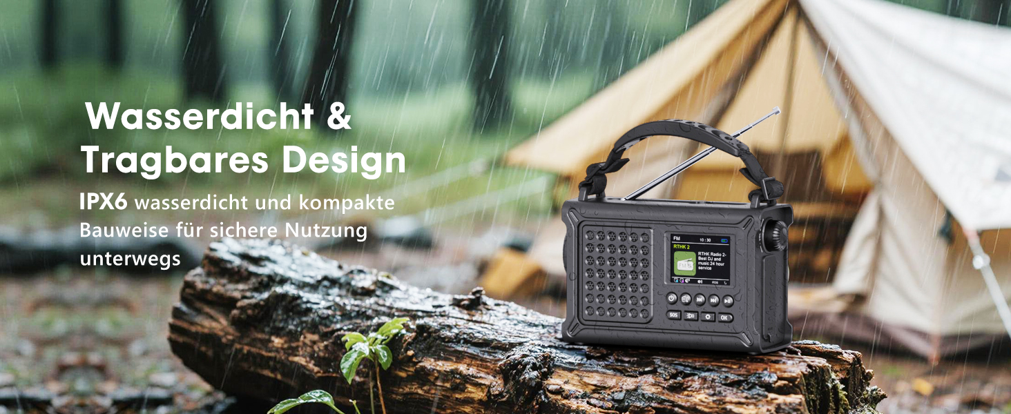 ROCAM Радіоприймач на ручку DAB+/UKW, портативне аварійне радіо з сонячною панеллю 8500 мм² та ручкою 650 мА, цифрове радіо з Bluetooth, 2.4' кольоровий дисплей, 80 станцій, SOS, LED ліхтарик, USB, IPX6 для кемпінгу, чорний