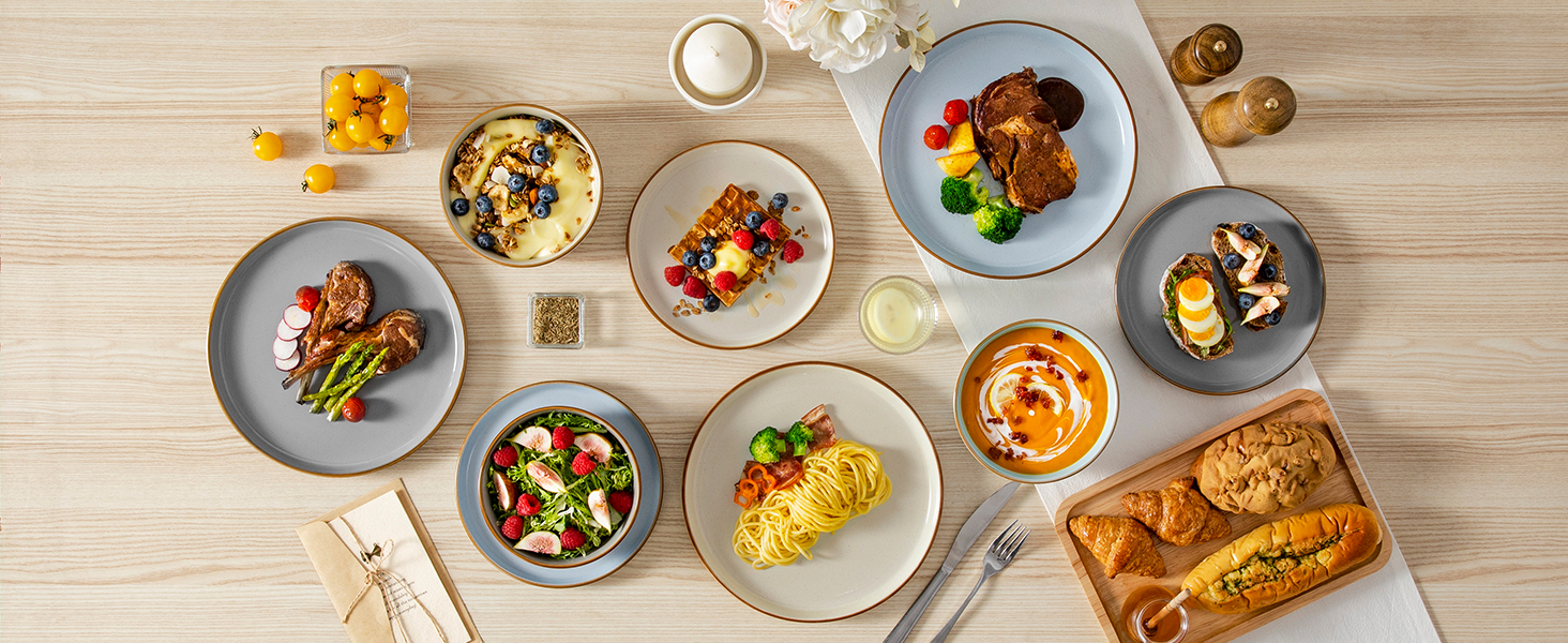 Набір посуду vancasso RENO 36 предметів: тарілки, супові тарілки, десертні тарілки, миски. Набір посуду з кераміки для 6 осіб, сучасний дизайн, безпечний для миття в посудомийній машині та розігріву в мікрохвильовій печі.