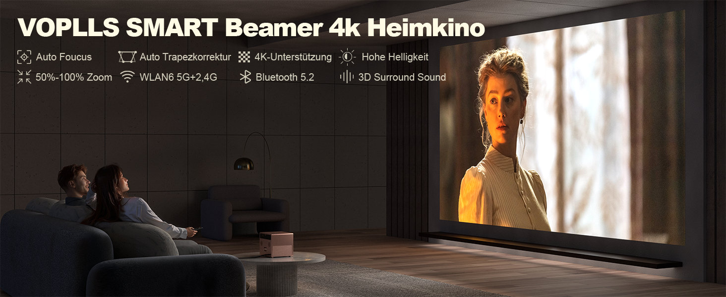 Проектор VOPLLS Mini Beamer 4K 1080P Full HD з автофокусом, корекцією трапеції, WiFi6, Bluetooth, 23000L/29000L для дому та мобільного використання