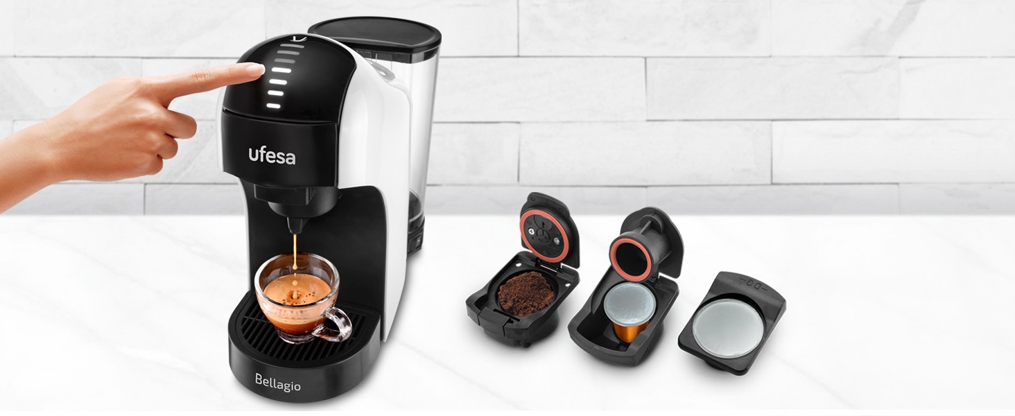 Кавомашина Ufesa Bellagio 3-в-1 для капсул Nespresso, Dolce Gusto та меленої кави, сенсорна панель, 7 рівнів, резервуар 1 л, 1400 Вт, 15 бар, компактна
