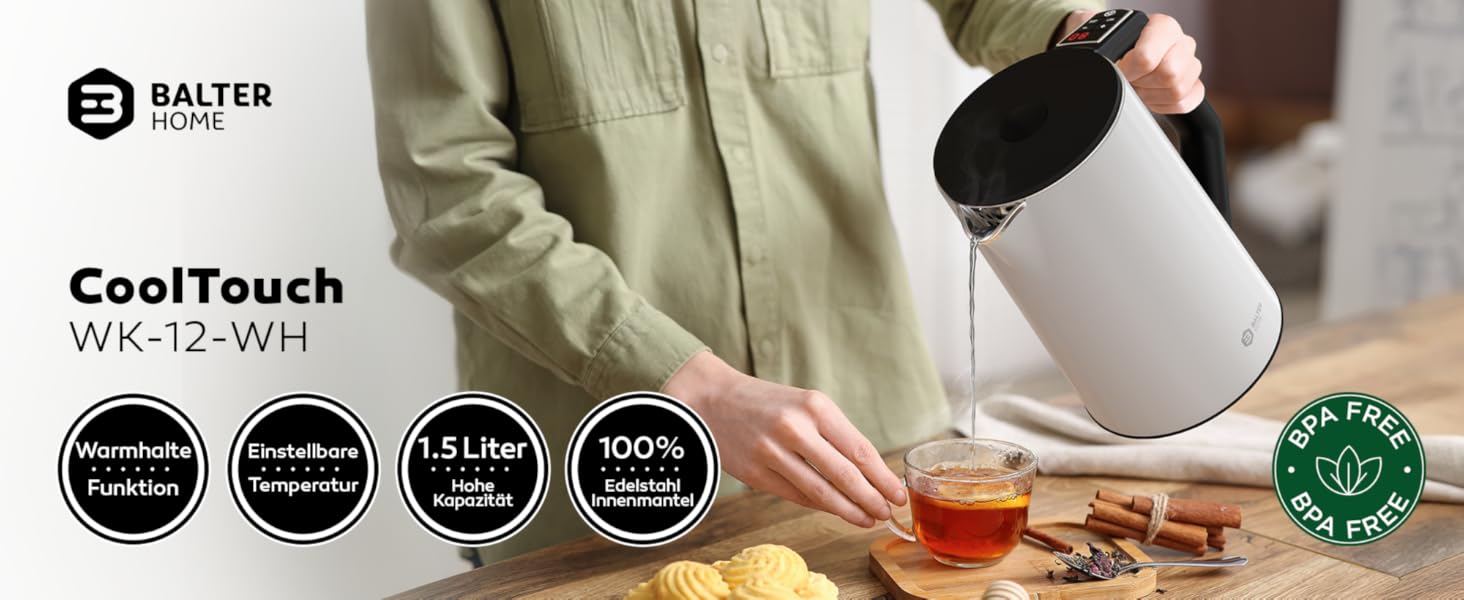 Balter Stainless Steel Electric Kettle with Temperature Control - 40°C-100°C, Double Wall, BPA Free, 1.7L, 2200W, Quiet Kettle