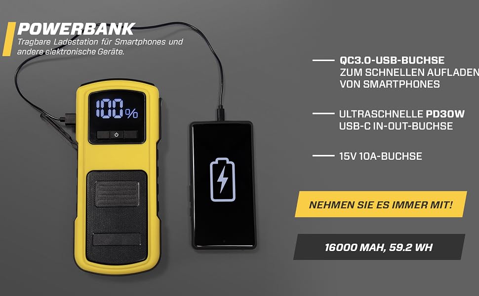 Бустер для авто MAXTOOLS JS500 2200A 22Ah — Пусковий пристрій (Jump Starter) для 12V дизельних та бензинових двигунів, Powerbank з LED-ліхтарем та USB
