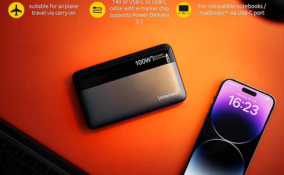 Powerbank Intenso HE20000: акумулятор 20000mAh з Power Delivery 100W, USB-C, сірий-чорний