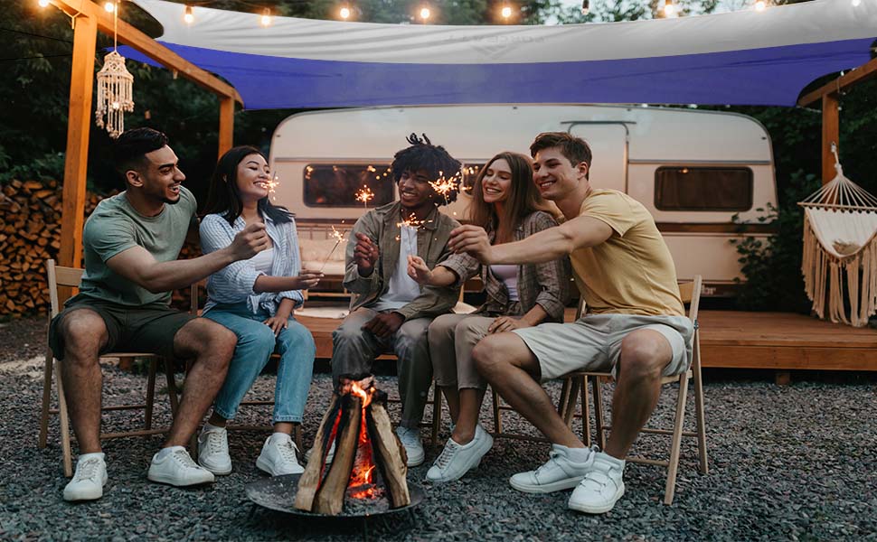 Тент Forceatt Zeltplane 3.7x4.3 м: ультралегкий, водонепроникний, з 6 точками кріплення, анти-UV. Підходить для кемпінгу, піших прогулянок та активного відпочинку на природі. Темно-синій & сірий колір.