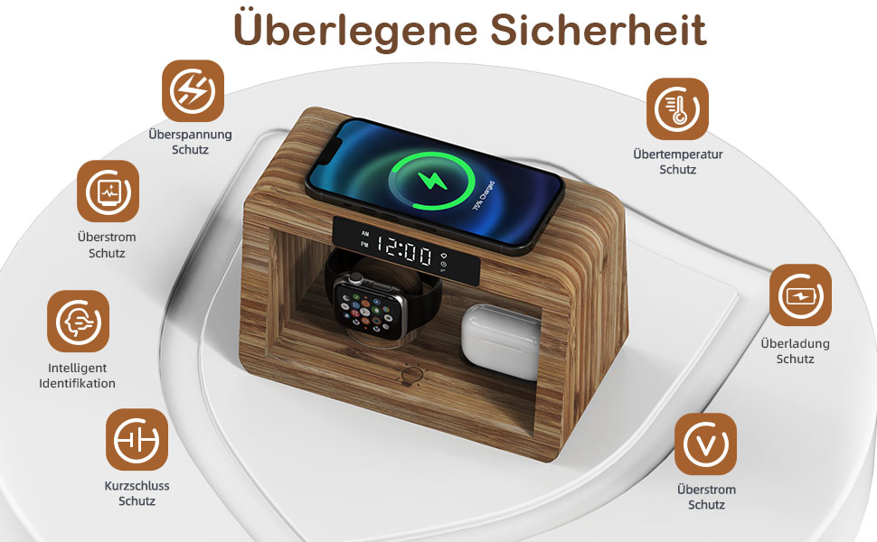 Багатофункціональна бамбукова зарядна станція 5-в-1 з бездротовим зарядним пристроєм, світлодіодним нічником та годинником, сумісна з Apple Watch, AirPods, Samsung Galaxy та іншими пристроями