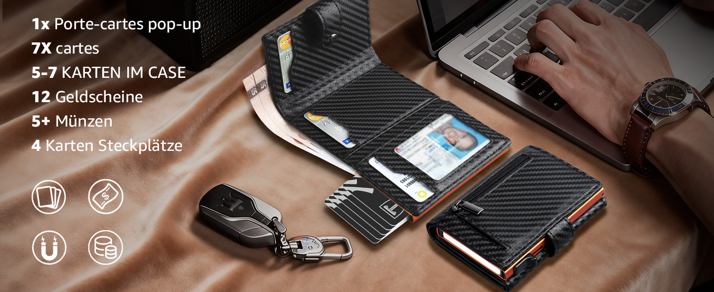 Чоловічий гаманець TENBST з відділом для монет та RFID захистом, Slim Wallet, картхолдер, гаманець-картхолдер, 10 відділень для карток - чорний & оранжевий