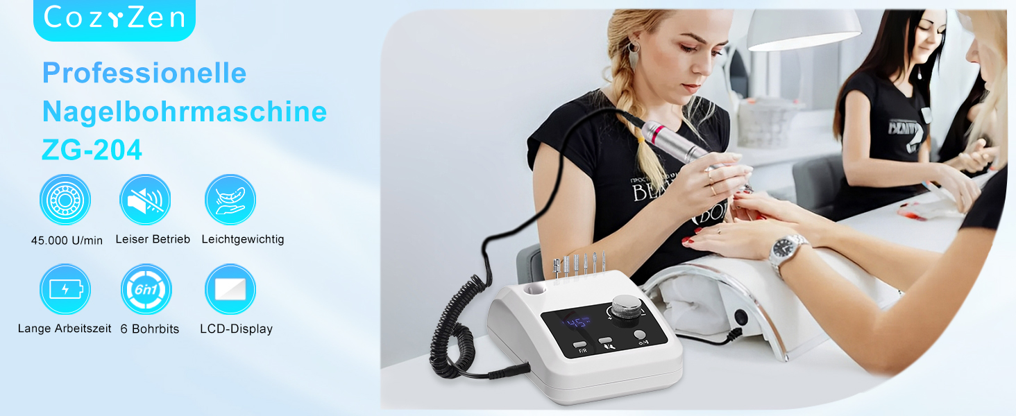 Електрична машинка для манікюру та педикюру CozyZen Professional: 45000 об/хв, LCD-дисплей, керування рукою/ногою, тиха робота, для акрилу та гелю, білий