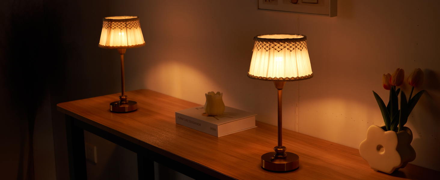 Настільна лампа OCEST з акумулятором, сенсорне керування, регулювання яскравості, для дому, кухні, тераси, їдальні (античне латунь-льон), тканинний абажур 27,5 см