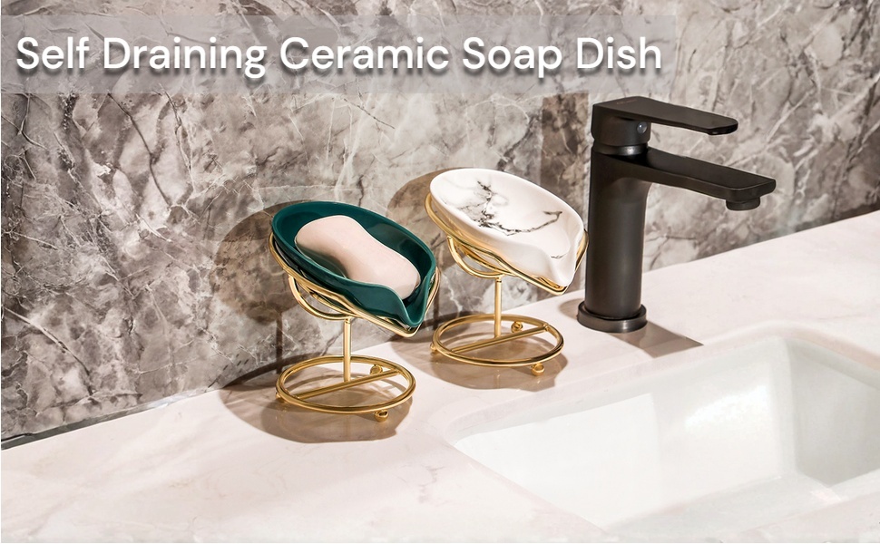 Набір з 2 мисок для мила з отвором, 13,5x8,5 см, кераміка, самостійний злив, у формі листка, білий, зелений