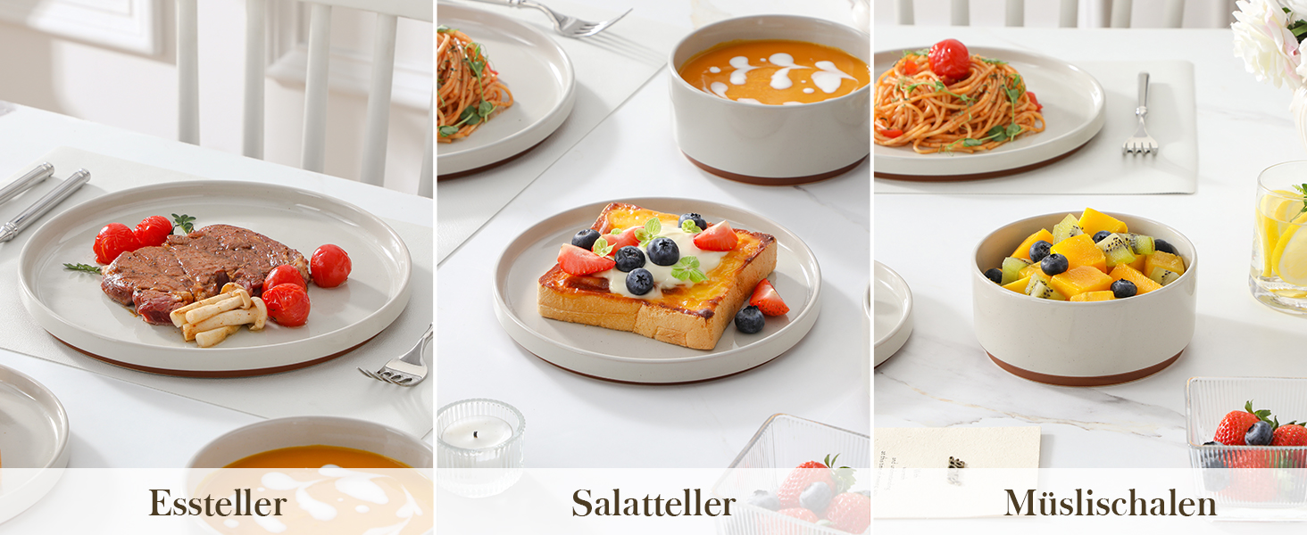 MALACASA Набір посуду з каменю 18 предметів для 6 осіб, керамічний сервіз з глазур'ю Сезам, набір тарілок та мисок, білий з коричневою основою, білий