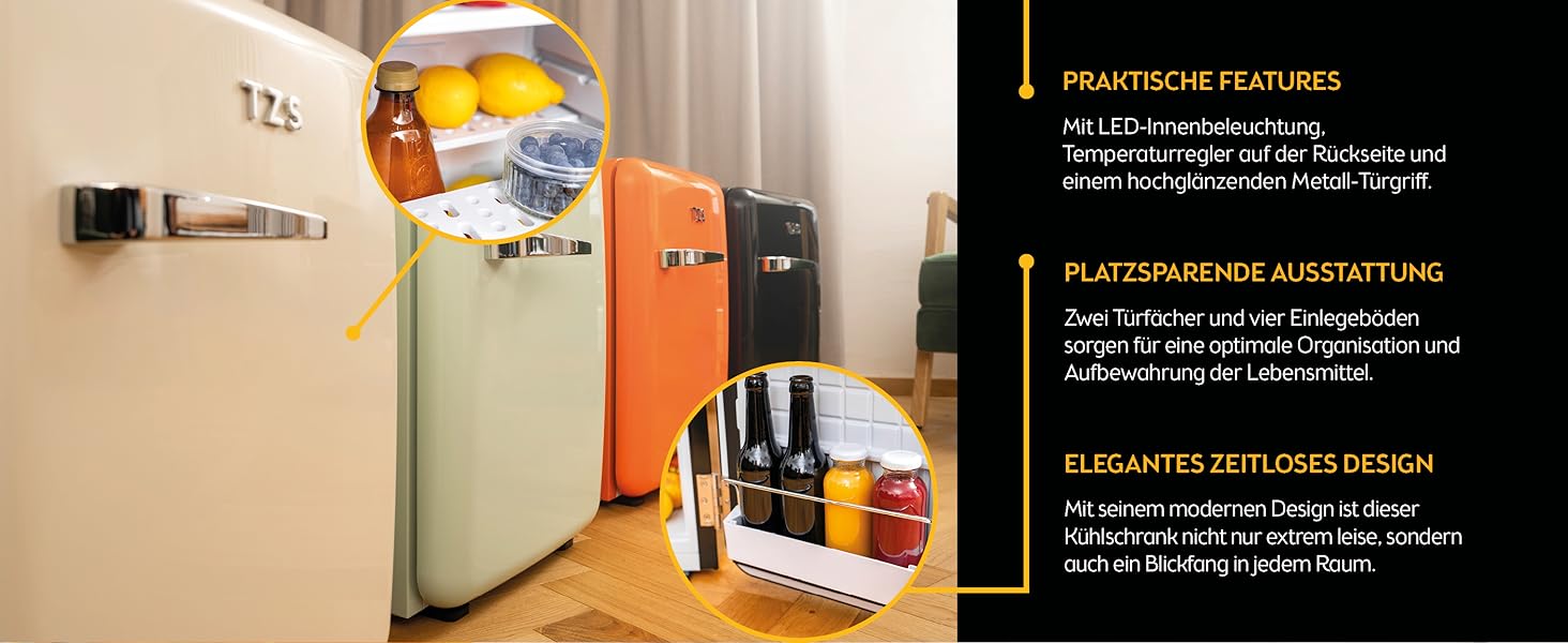 Міні-холодильник TZS First Austria 40L, безшумний, ретро-дизайн, регулювання температури, LED-підсвітка, 2 полиці на дверях + 6 регульованих, чорний
