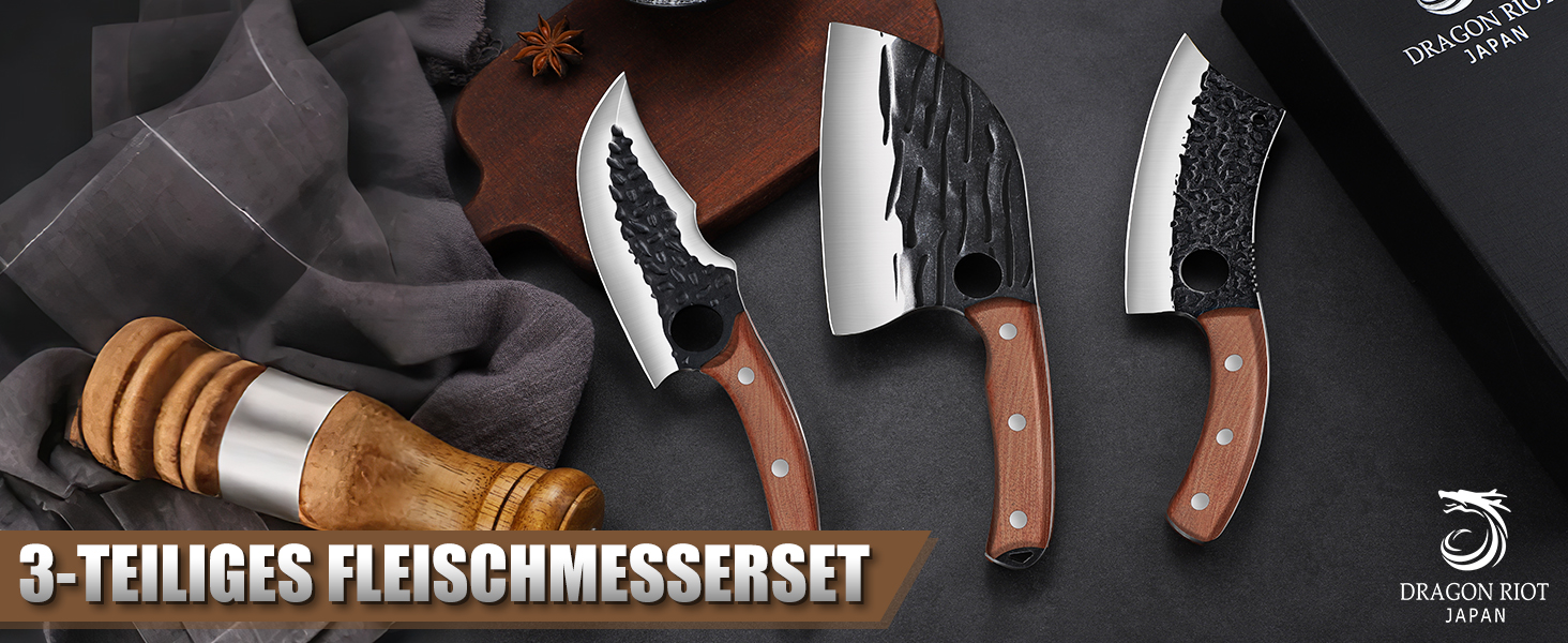 Набір кухонних ножів DRAGON RIOT 3 шт. – ручна ковка, сербський кухонний ніж, ніж для видобування Вікінга, ніж-сікач. Професійний набір для м'яса, BBQ. Подарунок для чоловіків, світло-коричневий.