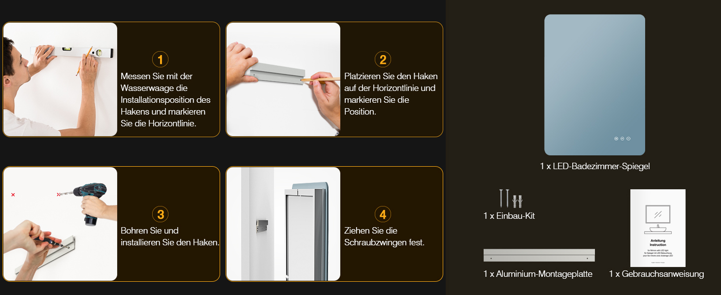 Дзеркало для ванної кімнати з підсвічуванням 50 x 70 см, LED дзеркало з протизапарюючим покриттям, 3 кольори світла, регулювання яскравості, прямокутна форма, сенсорне управління, функція пам'яті, горизонтальне/вертикальне кріплення, без рамки