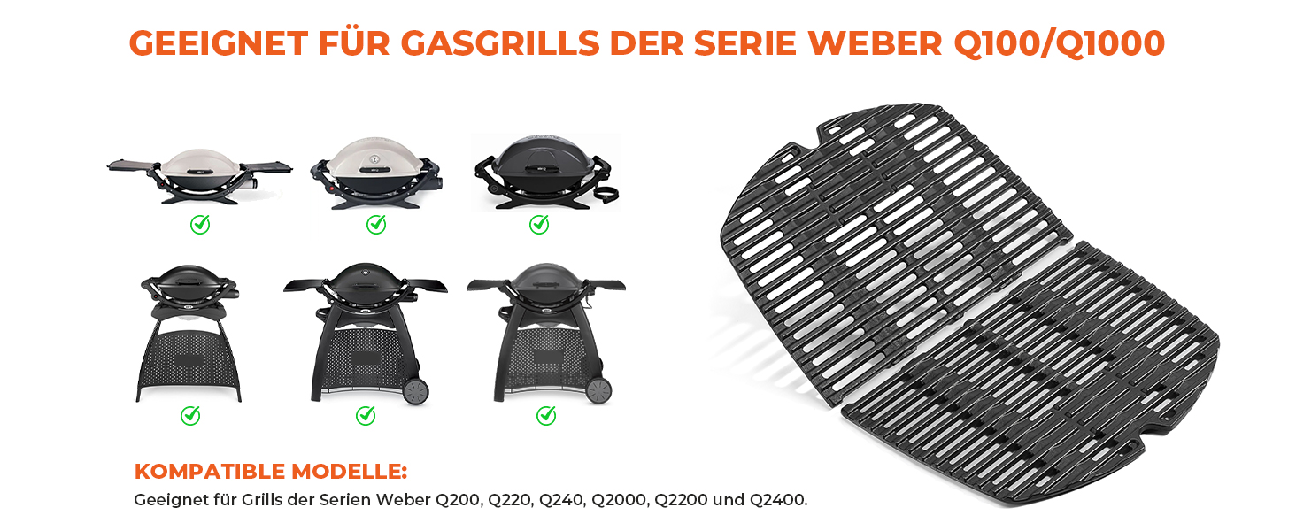 Решітка для гриля Onlyfire з чавуну, сумісна з Weber Q200, Q220, Q240, Q2000, Q2200, Q2400 (замінник Weber 7645, 2 шт.)