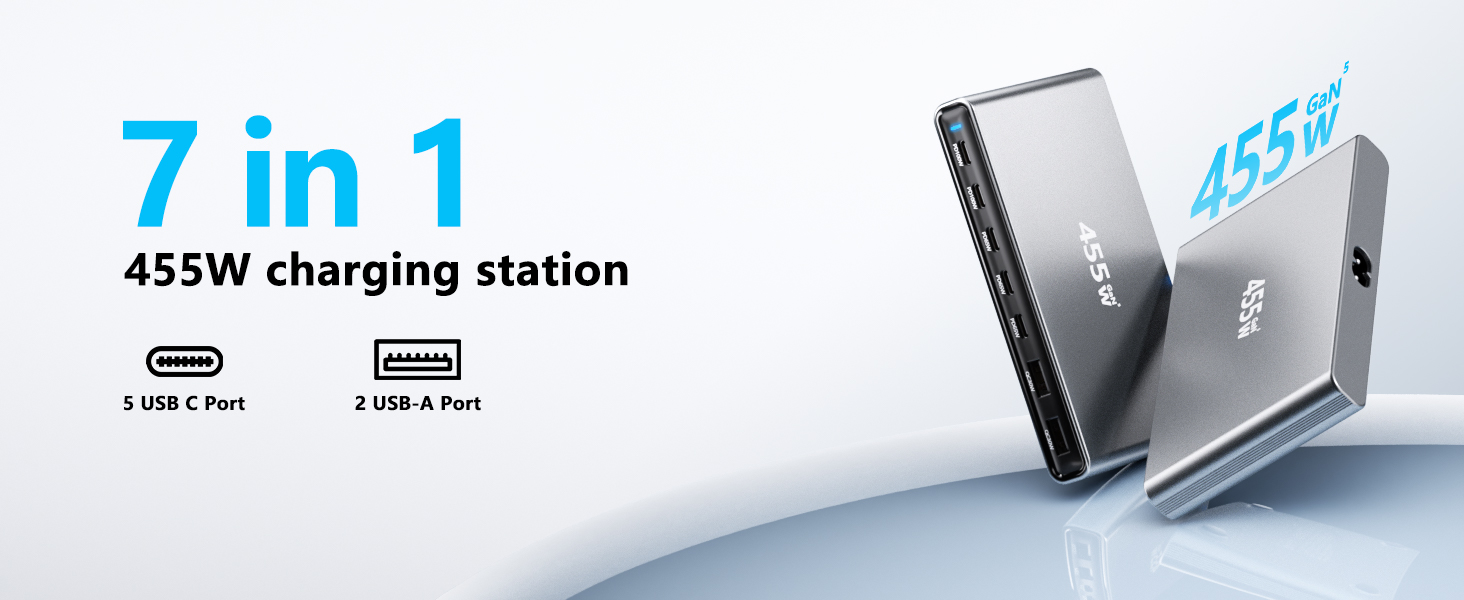 Зарядний пристрій USB-C 455W, 7 портів, GaN PD PPS, для MacBook, Dell, iPhone, Samsung, ноутбуків, планшетів, телефонів – Сірий