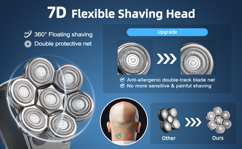 Електрична машинка для гоління голови Qhecomce 6-в-1, чоловіча, з 7 плаваючими головками, для сухого та вологого гоління, чорна
