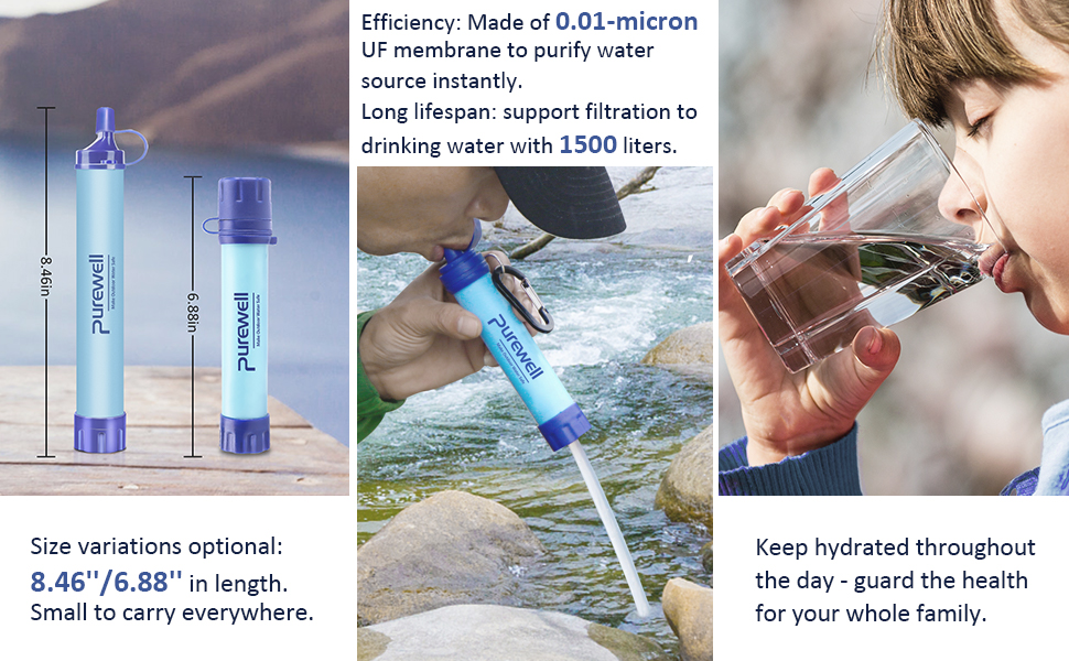 Портативний ультратонкий водяний фільтр Purewell 0,01 мкм для очищення води від 99,99% бактерій та важких металів, 1500 л, з карабіном для виживання та туризму