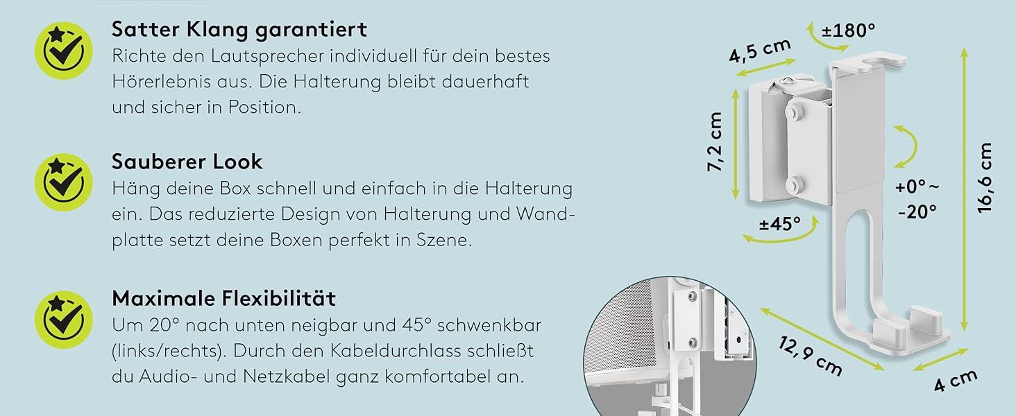 Настінний кронштейн-підставка для колонки Goobay Sonos One / One SL, білий, з кабель-менеджментом, висота 71 см, вантажопідйомність 3 кг