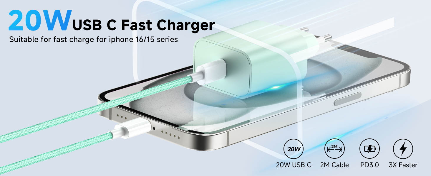 Зарядний пристрій USB-C 20W з кабелем Type-C 2м для iPhone 16/15/Pro/Air, iPad - Рожевий + Зелений (2 шт)