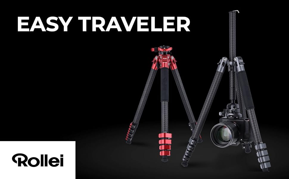 Карбоновий штатив для відео Rollei Easy Traveler: навантаження 4,5 кг, висота 164 см, ультралегкий та компактний, червоний