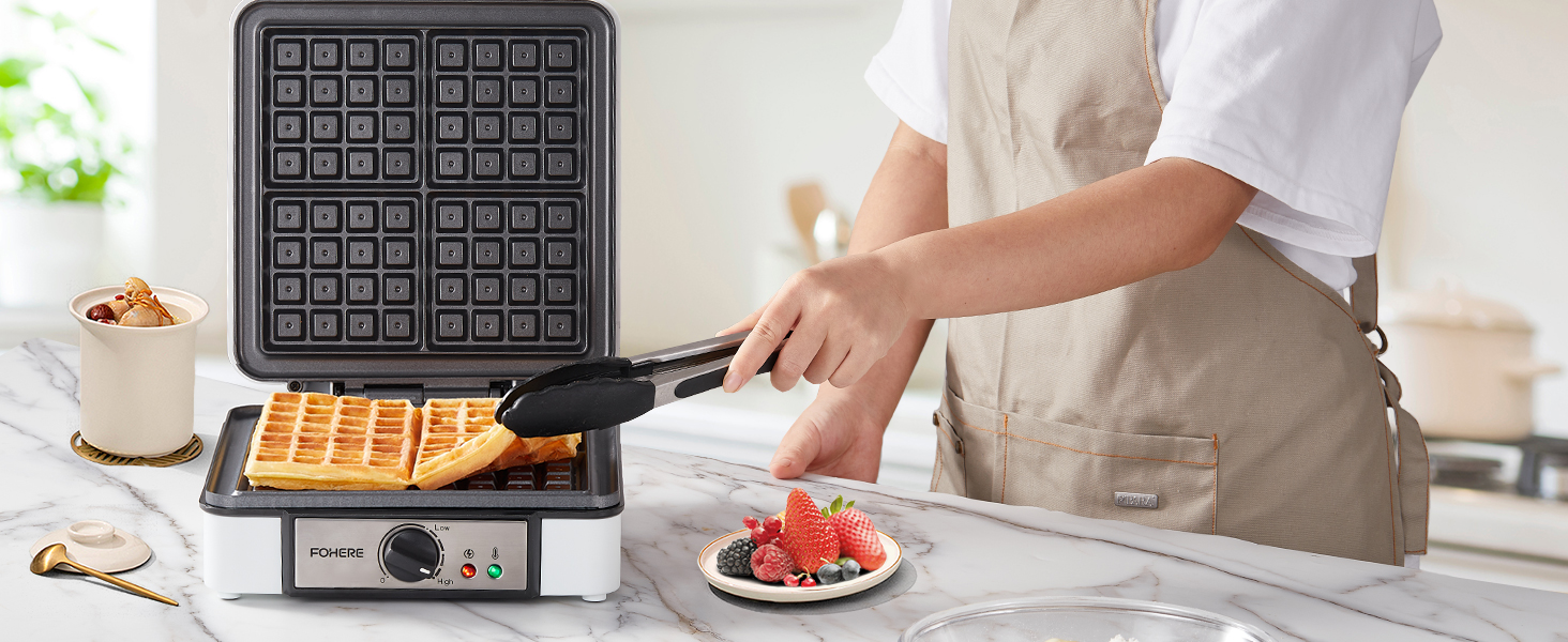 Електричний вафельниця FOHERE 4 вафлі, XXL, антипригарне покриття, Paninigrill, вафельниця для тостів, 1200 Вт