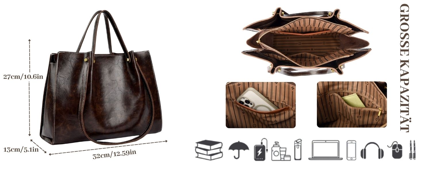 Сумка жіноча велика елегантна через плече PU шкіра Shopper Bag для роботи, школи, офісу, повсякденна (Коричнева)