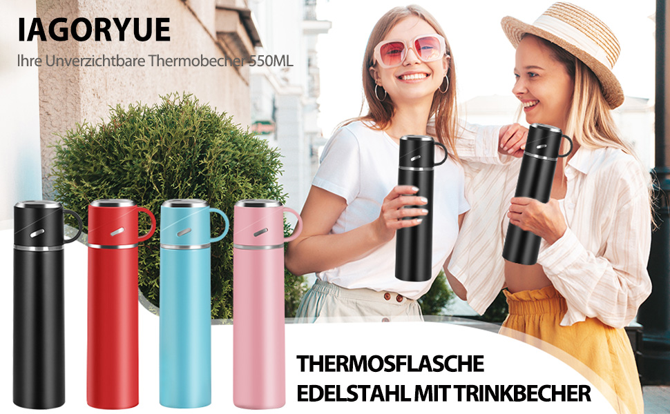 Термос IAGORYUE з нержавіючої сталі, 0,55л, з ізоляцією, витокозахисним кришкою та ручкою, двостінний, зберігає тепло/холод до 12 годин, для спорту, офісу, відпочинку на природі, чорний