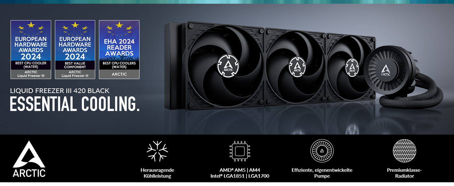 Система водяного охолодження ARCTIC Liquid Freezer III 420 для ПК: 3x140 мм вентилятори, радіатор 38 мм, PWM-насос, сумісність AM5/AM4, LGA1851/1700